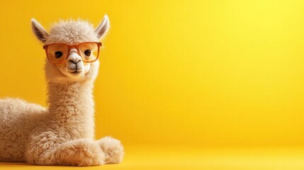Obraz premium A whimsical alpaca wearing glasses against a vivid yellow backdrop, showcasing the playful intersection of nature and modern fashion in a light-hearted manner.