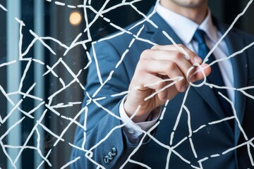 Businessperson's Hand Drawing Intricate Neural Network on Transparent Glass Board With Light Background