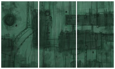 Modern interior triptych. The picture is painted by hand on a tablet.