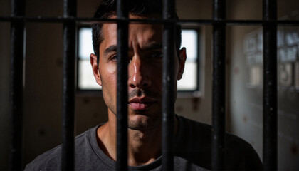 Man looking through prison bars with serious expression indoors  