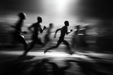 Runners running on track at night with motion blur effect