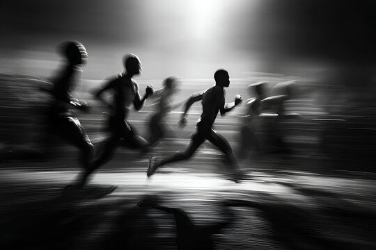 Runners running on track at night with motion blur effect