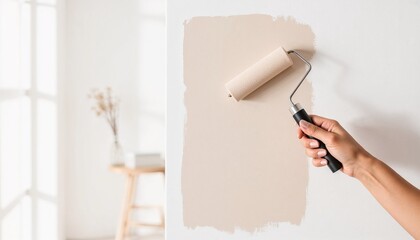 Hand rolling paint on wall in modern interior with soft light  