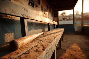 Obraz premium Wooden baseball bat resting on dugout bench in golden hour light
