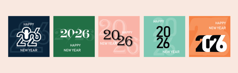 Set of 2026 Happy New Year logo text design. 2026 number design template. Collection of 2026 Happy New Year card, cover, poster. Vector illustration with labels isolated on colorful background...