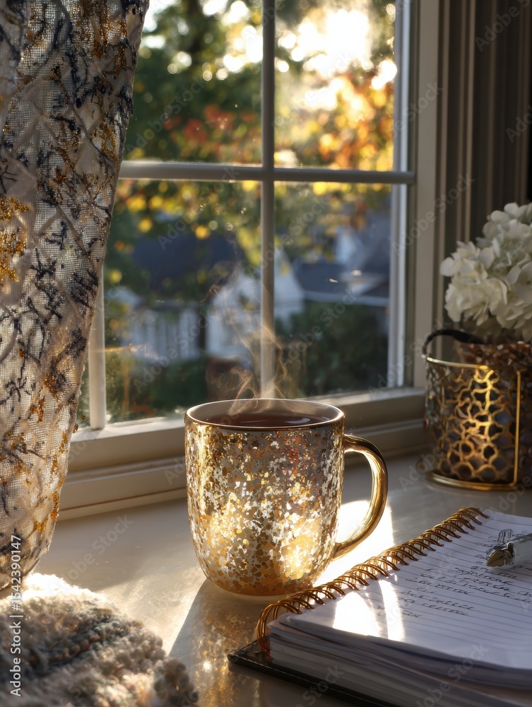 Poster Golden Hour Light Fills a Cozy Window Nook With a Steaming Mug and an Open Journal Inviting Reflection and Relaxation