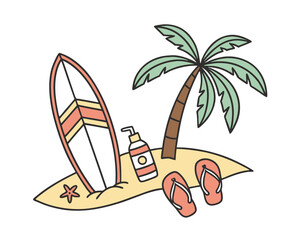 Summer Beach Vacation Illustration with Surfboard Palm Tree and Flip Flops