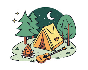 Night Camping Scene with Tent Fire and Guitar