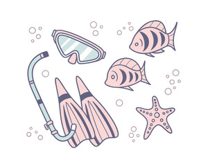 Snorkeling Gear with Tropical Fish and Starfish Illustration