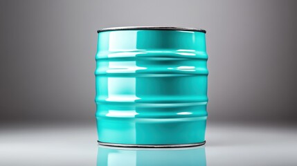 Obraz premium A stylish turquoise barrel on a reflective surface, showcasing a modern aesthetic and playful color contrasts that evoke feelings of creativity and freshness.