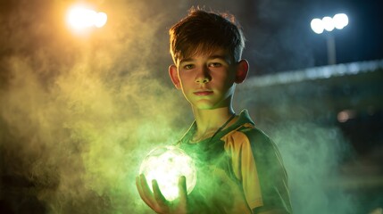 Boy with a glowing soccer ball, standing on a field with stadium lights and smoky background, creating a dramatic and fantastical scene.