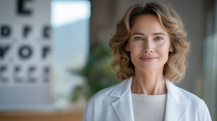 A doctor performing a vision test with eye patch and chart