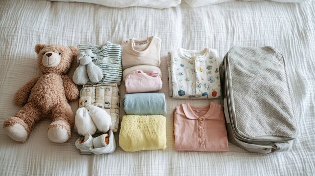 Hospital Bag Checklist for New Parents Preparing for the Arrival of Their Baby With Essential Items Organized on a Bed