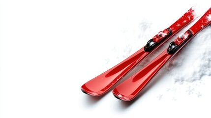 Sleek and vibrant red skis rest elegantly on sparkling fresh snow, embodying the thrill of winter sports and adventures in the great outdoors.