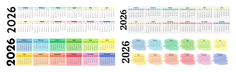 Set of calendars for 2026 isolated on a white background