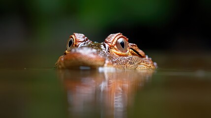 Obraz premium This image captures a close-up of a frog partially submerged in water, showcasing its unique eyes and textured skin in a serene natural setting.