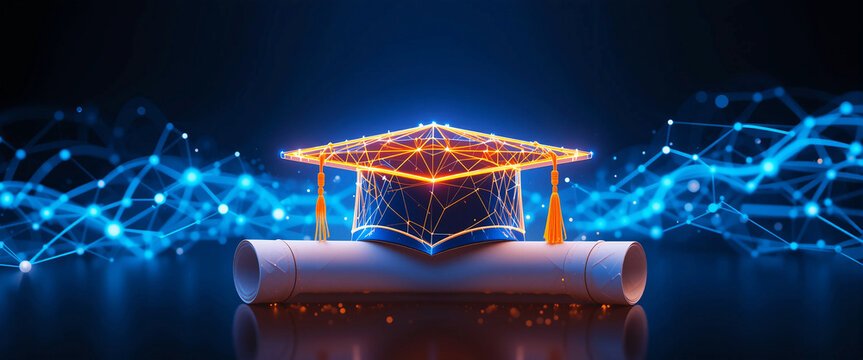 Low Poly Wireframe Glowing Graduation Cap and Diploma Certificate &ndash; Digital Education and Achievement Concept on Dark Background