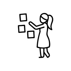 Woman with Ponytail Arranging Square Sticky Notes on Wall Office Workspace Handmade Illustration