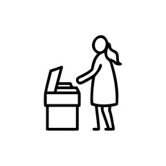 Line art illustration woman using office copier machine simple black white design Handmade