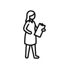 Black Line Drawing Woman Holding Clipboard Office Worker Simple Illustration Handmade Style