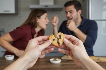 Heart-shaped cookie broken in half by two hands in front of a quarreling couple in a kitchen.