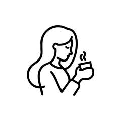 Line Art Illustration Woman Long Hair Holding Hot Beverage Cup Steam Cozy Handmade
