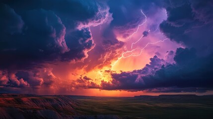 Dramatic sunset with lightning over calm landscape and dark clouds glowing in vivid orange and purple hues at twilight.