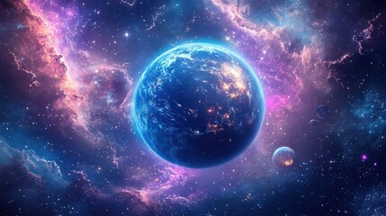 Fototapeta premium A vibrant view of the universe showcasing a glowing blue planet amidst colorful cosmic clouds and starlight.