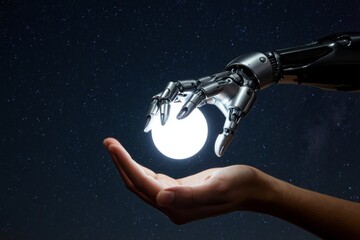 Robotic and Human Hands United in Harmony as they Clasp a Radiant Orb Against a Starry Night Sky