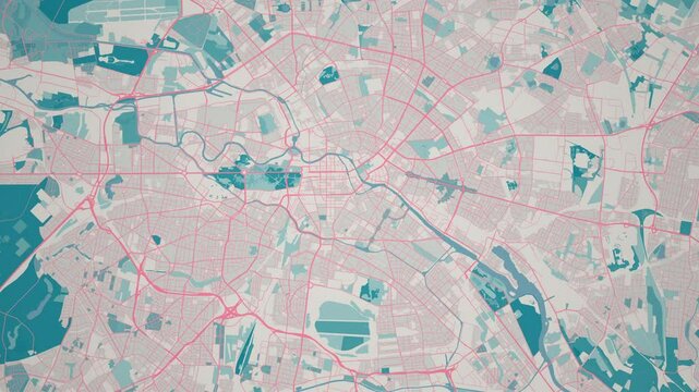 Zoom in on the map of Berlin City, the capital of Germany, with text. Cinematic digital abstract 3d world map animation highlights aerial views, tourism, and travel. 4k