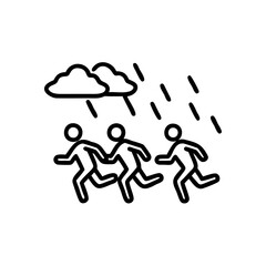 Three Stick Figures Running Away from Rain Clouds Heavy Downpour Black Line Art Illustration Handmade Weather