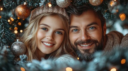 Joyful holiday moment shared between a smiling father and daughter surrounded by festive decorations and warm lights.