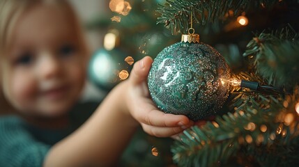 A joyful child cherishing Christmas moments while decorating a festive tree with a sparkling ornament