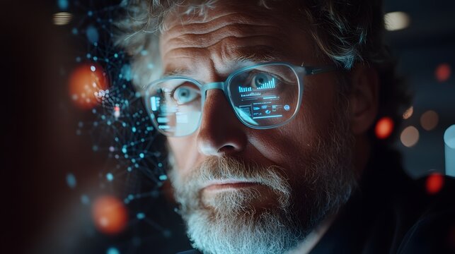 Mature executive data overlay, Reflective tech portrait, Digital network sphere, Futuristic analytics headshot, Senior professional profile, Dark ambient lighting, Thoughtful gaze focus, Copy space av