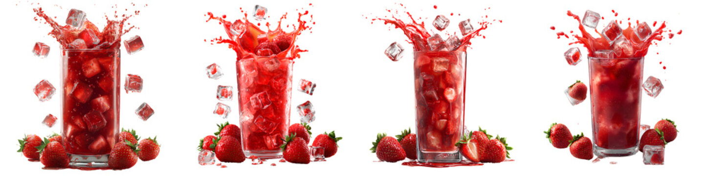 Set of glass of strawberry juice with splash and ice cubes exploding out, isolated on transparent background.