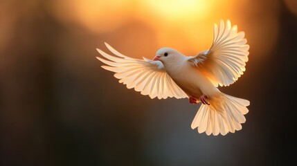 Fototapeta premium A striking white dove elegantly flies against a vibrant sunset backdrop, symbolizing peace, freedom, and hope in a stunning visual narrative of nature.