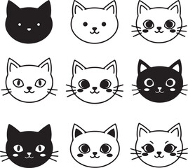 Cartoon Cat Heads A Collection of Cute Feline Faces in Black and White Outlines in a Grid Pattern