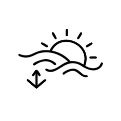 Black Line Drawing Summer Sun Setting Over Wavy Ocean Water Tide Change Up And Down Arrows Handmade Season