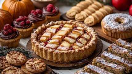 A beautifully arranged autumn dessert table featuring various pastries, pies, and cakes, perfect for seasonal celebrations.