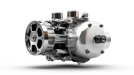 Obraz premium A close-up of a sophisticated engine part gleams with polished metal surfaces, emphasizing precision engineering and the mechanics of automotive design.