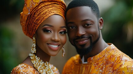 Elegant African couple showcasing traditional attire in a lush outdoor setting, radiating joy and cultural pride.