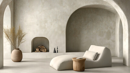 Fototapeta premium Modern minimalist living room with archway and beige chaise lounge in neutral tones