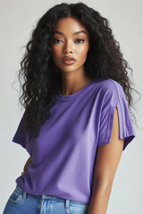 Confident young woman with long curly hair wearing a stylish purple t-shirt against a soft gray background