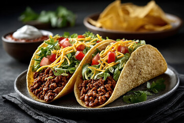 Two beef tacos with fresh lettuce, tomato, and cheese on a rustic plate with salsa and tortilla chips