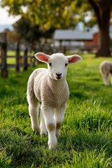 Adorable lamb grazing on vibrant green pasture in sunlit farm setting