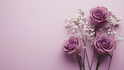Top view of three purple roses with white gypsophila flowers on purple background. Floral arrangement for invitation card wedding decoration design