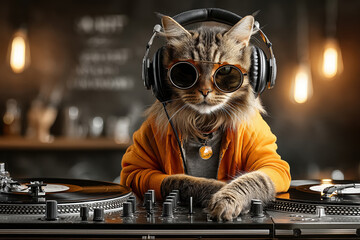Stylish cat dj mixing music with headphones and sunglasses in a trendy studio setting