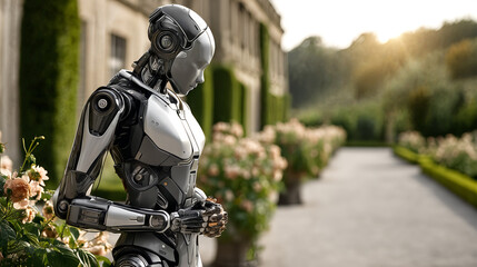 Futuristic silver humanoid robot standing in garden at sunset with roses and architectural background