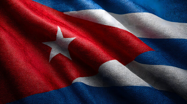 Close up photograph of the cuban national flag in waving textured fabric illustrating patriotism - Powered by Adobe