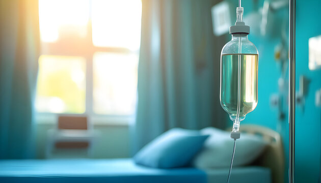 Intravenous drip in hospital room with sunlight streaming in. Medicine treatment, health care, saline infusion. Patient recovery in bed. Clinic